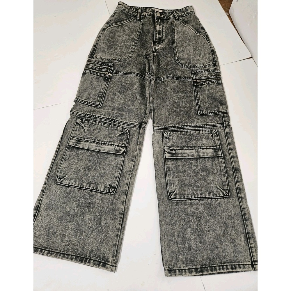 Love Cult Womens Wide Leg Cargo Black Acid Wash Size Small Baggy Denim Y2K